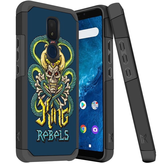 ANJ+ Slim Dual Layer Hybrid Shockproof Case + Tempered Glass Cover for Cricket Icon 3, Splendor, AT&T Motivate 2 - Snake Skull