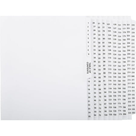 Exhibit Indexes Numbered Dividers 1-250, Letter, 250 Count