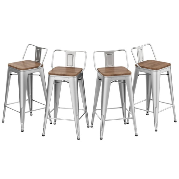 Andeworld Metal Bar Stools Set of 4 Kitchen Counter Height Barstools (30", Silver Wood Top Low Back)