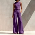 thumbnail image 2 of Szluipve 2 Piece Sets for Women Contrast Stitch 2 Piece Outfits Sleeveless Round Neck Crop Tank Top & High Waist Wide Leg Long Pants Elegant Casual Matching Set with Pockets Purple XL, 2 of 9