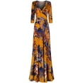 thumbnail image 1 of Bon Rosy, Women's, 3/4 Sleeve V-Neck Printed Maxi Faux Wrap Dress, Mustard, S, 1 of 3