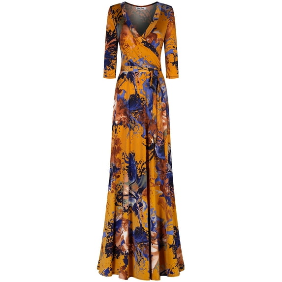 Bon Rosy, Women's, 3/4 Sleeve V-Neck Printed Maxi Faux Wrap Dress, Mustard, S