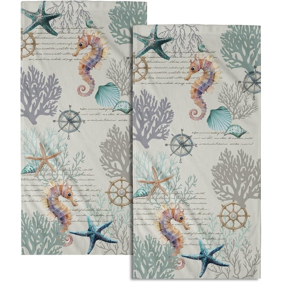 Nautical Blue Coral Hand Towels Set of 2 Vintage Seashell Starfish Compass Decorative Bath Towels Soft Small Fingertip Face Towel for Home Bathroom Hotel