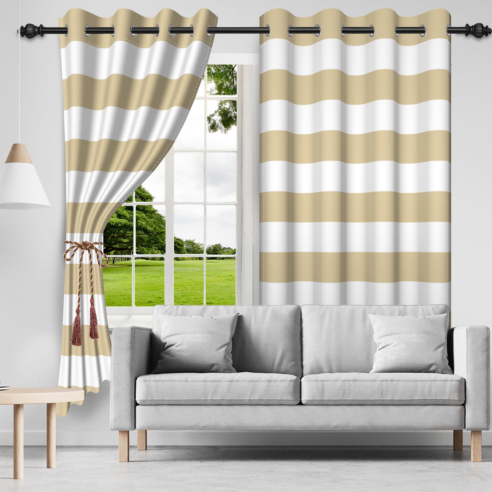 Nanqianyi Beige Striped Blackout Curtains, Classic Horizontal Stripe Grommet Drapes for Bedroom, Thermal Insulated Room Darkening Curtains 2 Panels Set 42x84 Inch
