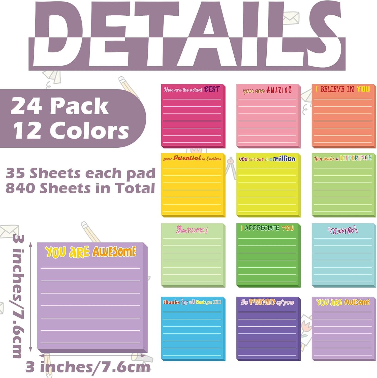 24 Pcs Inspirational Sticky Notes Cute Motivational Sticky Notes Pad End of Year Employee Appreciation Gifts Bulk for Teacher Nurse Coworkers Office Supplies 3 x 3'' (Appreciation,Dark Color)