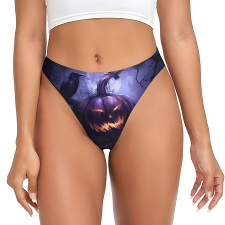 Thongs for Women - Halloween Purple Pumpkin Crow No Show Seamless Womens Thongs Underwear  Stretch G String Thongs for Women  Ladies Breathable Kawaii Thong Bikini Panties Briefs