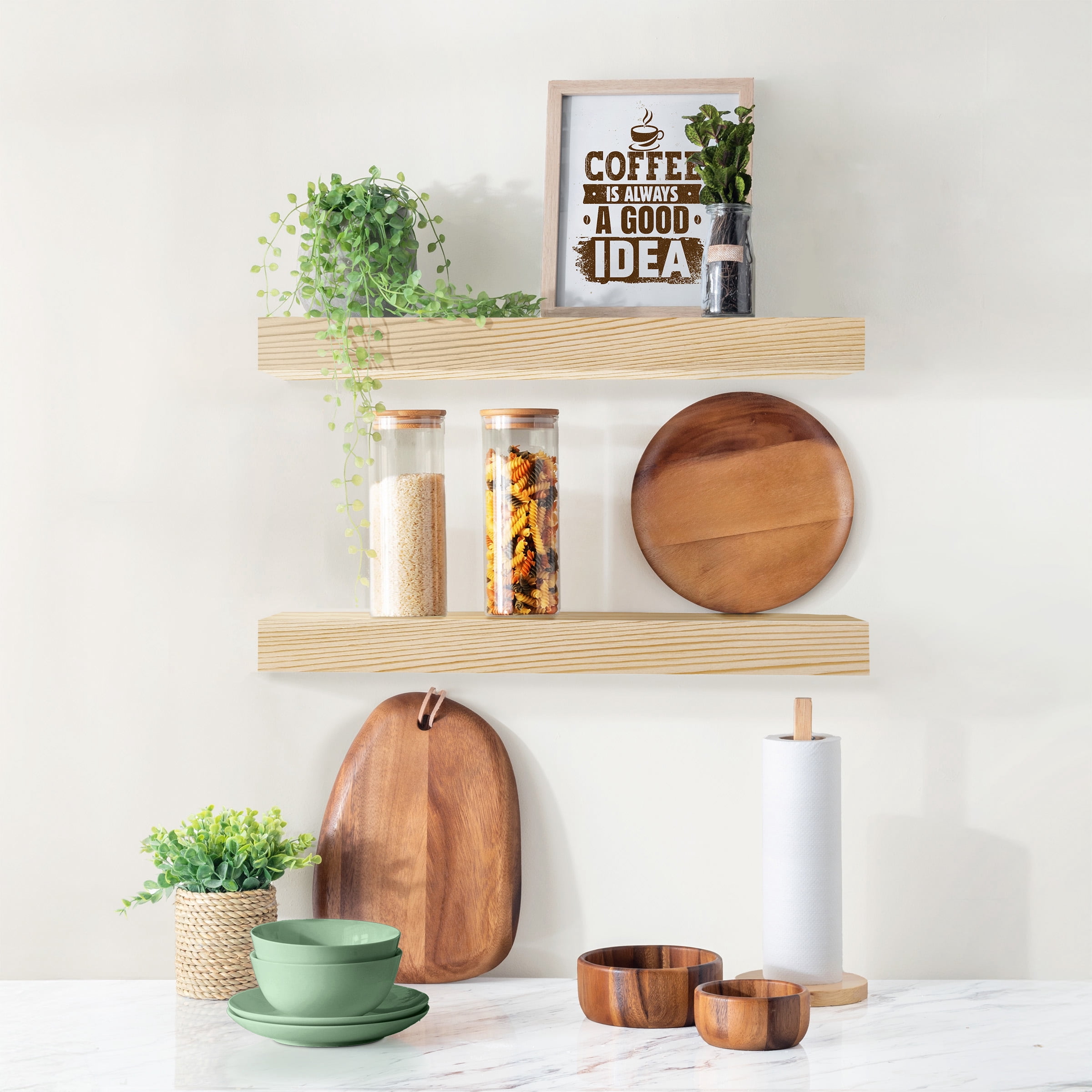 Sorbus 2-Pack Solid Wood Floating Shelves, 16 in, Natural, Wall-Mounted Storage