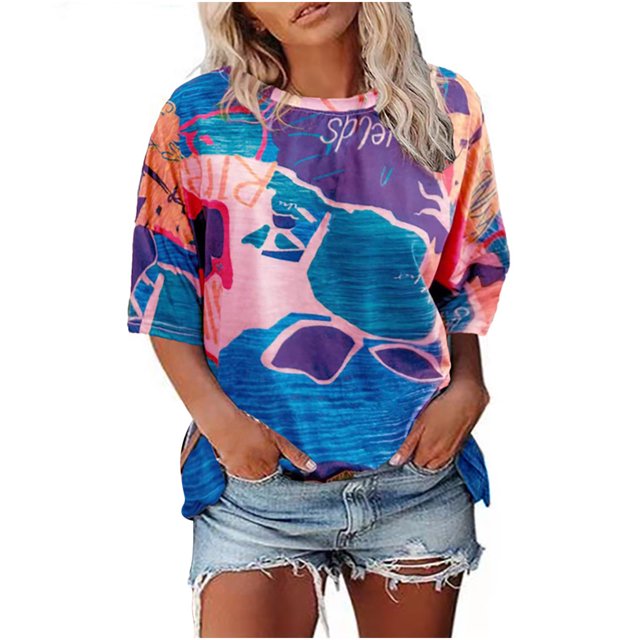Pompotops Tops Femmes Mode Couleur Bloc Imprimé Manches Courtes O-Cou Casual Ample Chemisier