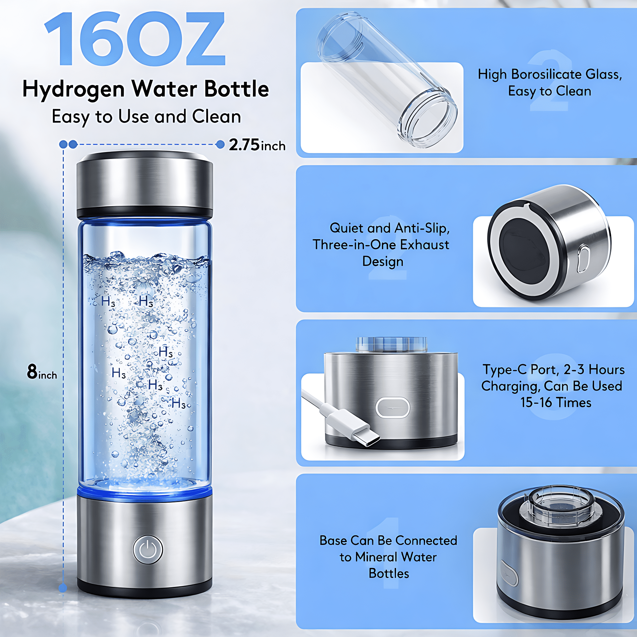 STARBIAO Hydrogen Water Bottle, 16 Oz Portable Rechargeable Hydrogen Water Generator, SPE & PEM Technology, 2800 PPB in 3 Minutes, Silver