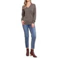 thumbnail image 2 of Suéter V de inspiración chic para mujer, de manga larga casual, liviano, pulóver suave de punto, talla XS, color marrón, 2 of 6