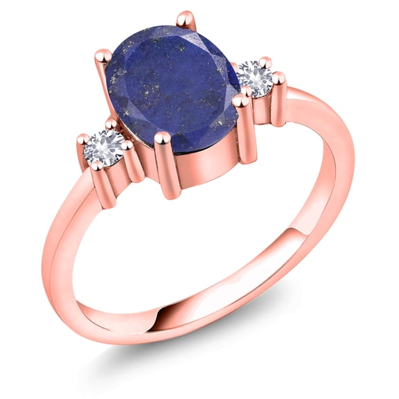 Gem Stone King 2.10 Ct Oval Blue Lapis White Created Sapphire 18K Rose Gold Plated Silver Ring (Size 5)