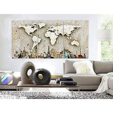 Original by BoxColors Large 30"x 60" 3 Panels 30x20 Ea Art Canvas Print Original Wonders of the world Texture Map travel Wall decor Home interior (framed 1.5" depth)