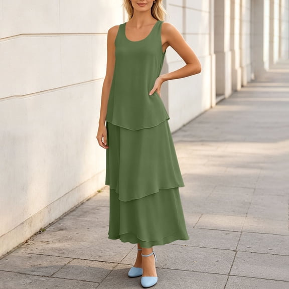 Elvqul Long Dresses for Women Pullover Dresses Crewneck Cami Plain Womens Dresses Sleeveless