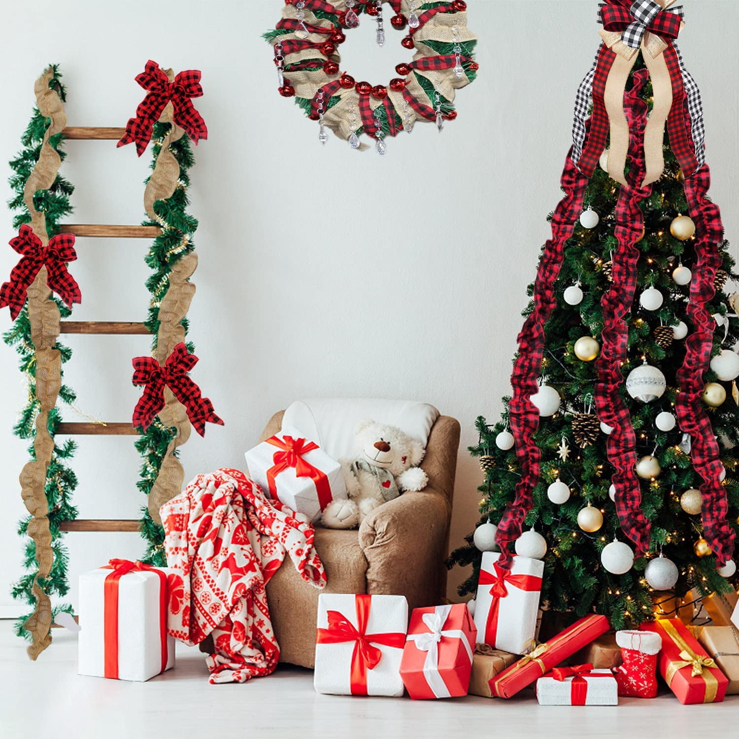 Dalrosia 6PCS Plaid Christmas Tree Garland Christmas Buffalo Plaid Ribbon Ruffled Homespun Fabric Garland Christmas Tree Ribbon Decorations for Christmas Home Wreath Staircase Tree Decor