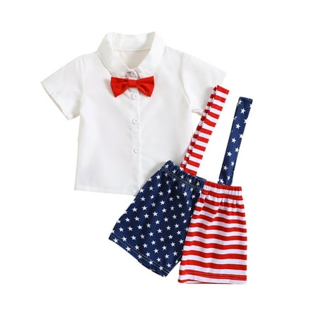 

Kids Toddler Boys Clothing Gentleman Independence Day Outfits Short Sleeve Bow Tie Shirt + Star Stripe Suspender Shorts Set Casual Summer Clothes Outfit