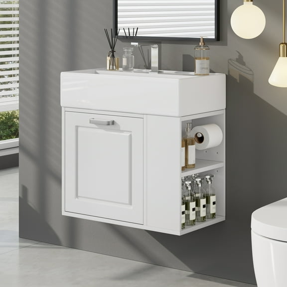 Aukfa Wall-Mounted Bathroom Vanity with Sink, Floating Bathroom Vanity Cabinet with Pine Toilet Paper Holde for Small Bathrooms/ Powder Rooms,White