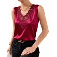 thumbnail image 3 of Women's Satin Contrast Lace V Neck Sleeveless Blouse Appliques Summer Tank Tops Red L, 3 of 7