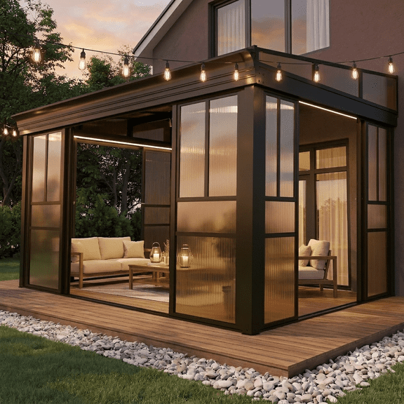 SOBREMESA 8' x 12' Lean-to Sunroom Gazebo, Enclosed Patio Shelter with Sliding Doors, Polycarbonate Roof and Gray-Tinted Panels, Aluminum Frame for Backyard,Brown