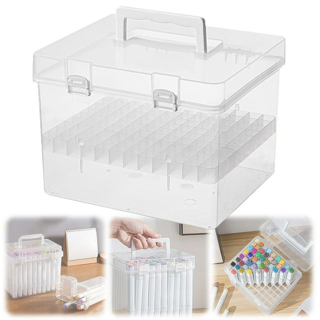 Transparent Marker Case Storage Container,12-120 Slots Plastic Marker Storage Box,Multifunctional Art Supplies Storage Case for Markers,Highlighters & Watercolor Pens(80 Slots)