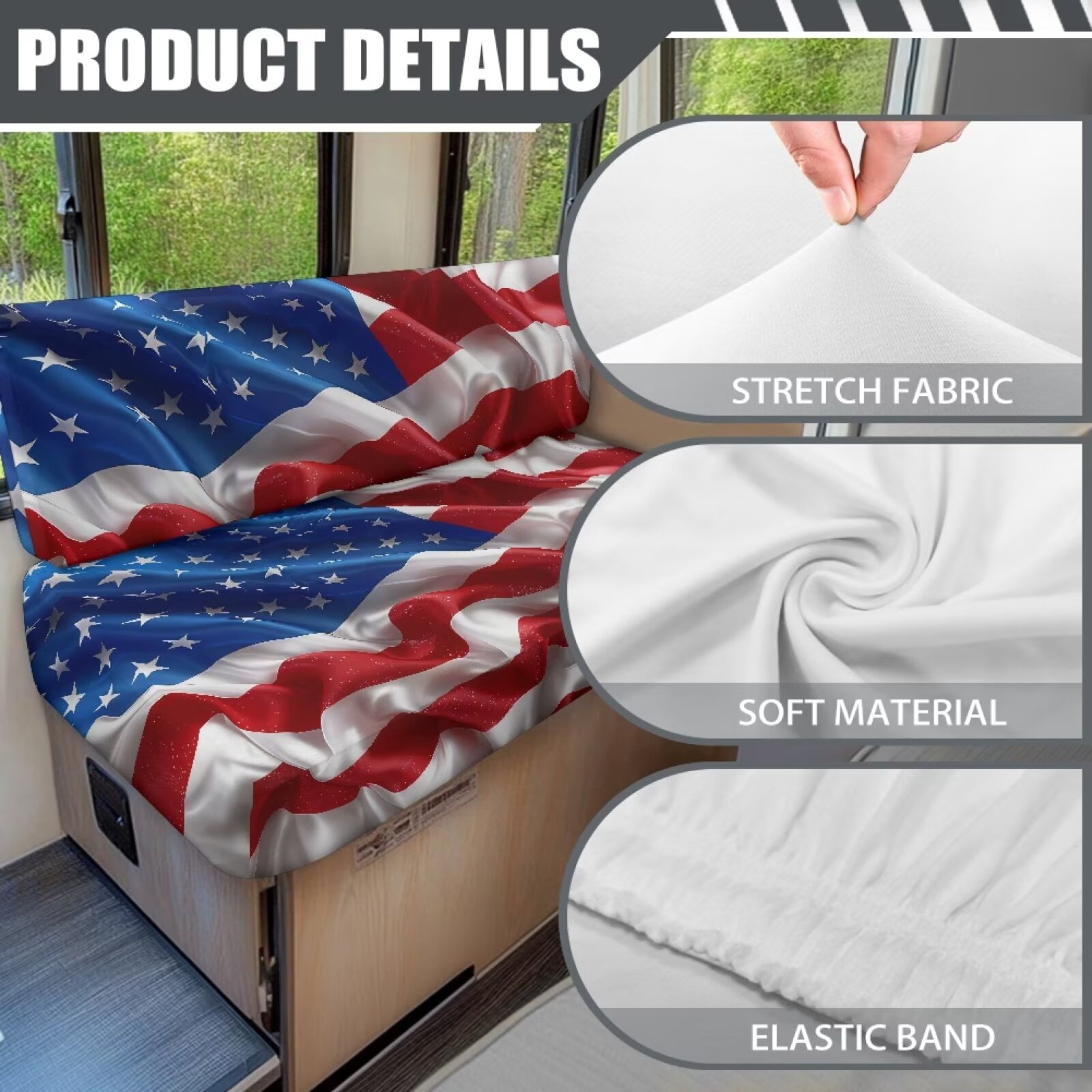 XYZCANDO American Flag RV Dinette Cushion Covers Camper Decor Stretchable Slip Covers for Loveseat Universal Bench Cushion Washable Sofa Covers for 2 Cushion Couch Camper Must Haves Red