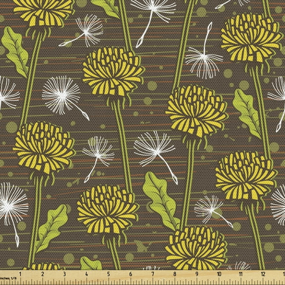 Ambesonne Dandelion Fabric by the Yard Upholstery, Daisy Blossom Petals Buds, 3 Yards, Lime Green Umber Mustard