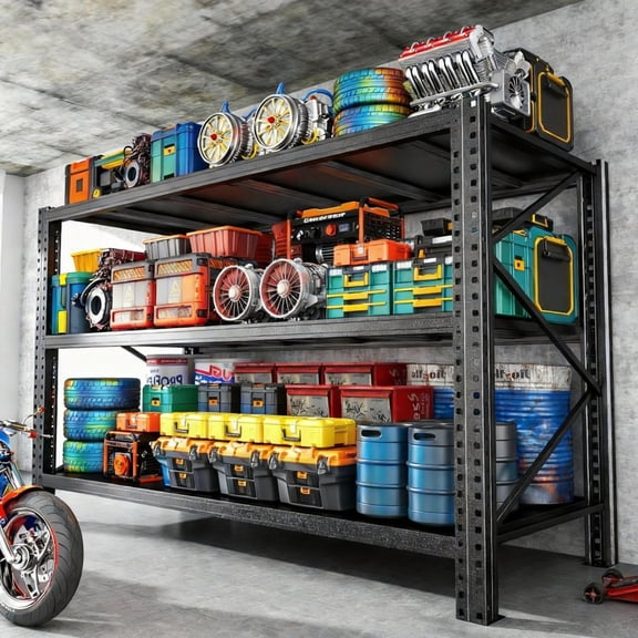 3 Tier Garage Shelving, Upgraded Reinforced Metal Storage Unit, 5000LBS Heavy Duty Shelf for Basement, Kitchen and Utility Space, Black, 67"W x 20"D x 63"H