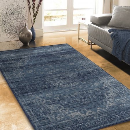 4 X 7 Rug Allstar Rugs Distressed Light Blue and Navy Blue Rectangular Accent Area Rug with Light Grey Persian Design - 4' 11