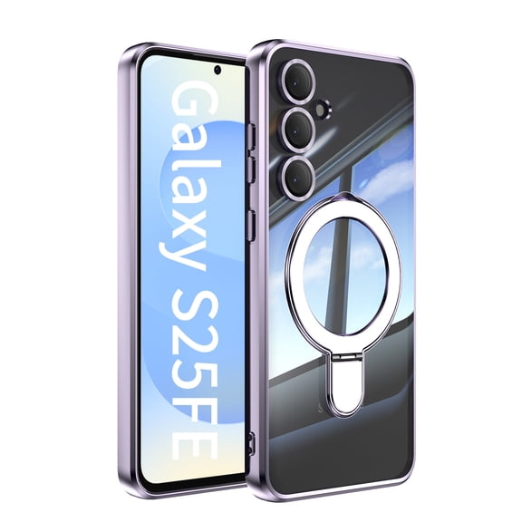 Decase Plating Ring Stand Case for Samsung Galaxy S25 FE,Shockproof Transparent TPU Back Cover,Slim Clear Mag-Safe Case with Tempered Glass Lens Flim,Lavender