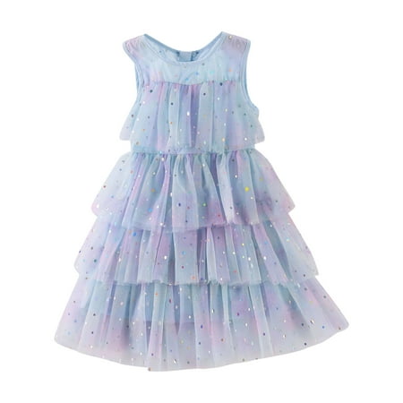 

GWAABD Dresses for Little Girls Blue Cotton Blend toddler Girls Sleeveless Dot Paillette Ruffles Tulle Princess Dress Dance Party Dresses Clothes 130