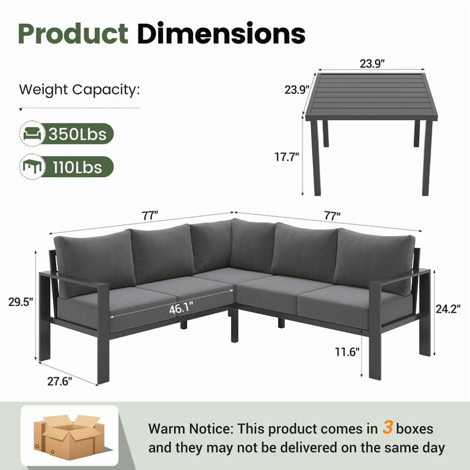 ELPOSUN 6 Pieces Patio Furniture Sets with 6" Thick Olefin Cushions, Metal Outdoor Sectional Furniture L Shape Patio Conversation Sets for Garden, Backyard, Black Frame, Gray