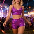 thumbnail image 3 of Shiny Metallic Holographic Crop Camisole Top and Shorts 2 Piece Matching Set Sparkly Pu Leather Rave Outfits, 3 of 4