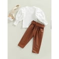 thumbnail image 4 of Bagilaanoe 2pcs Little Girls T-shirt and Trousers Set Ribbed Puff Long Sleeve Tops and PU Leather Long Pants with Belt 1T 2T 3T 4T 5T 6T Kids Outfits, 4 of 8
