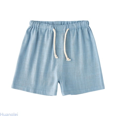 Huanglei Kids Toddler Boy Girl Cotton Linen Summer Shorts Solid Color Casual Pants With Drawstring Soft Cotton Tees 4-5 Years Blue