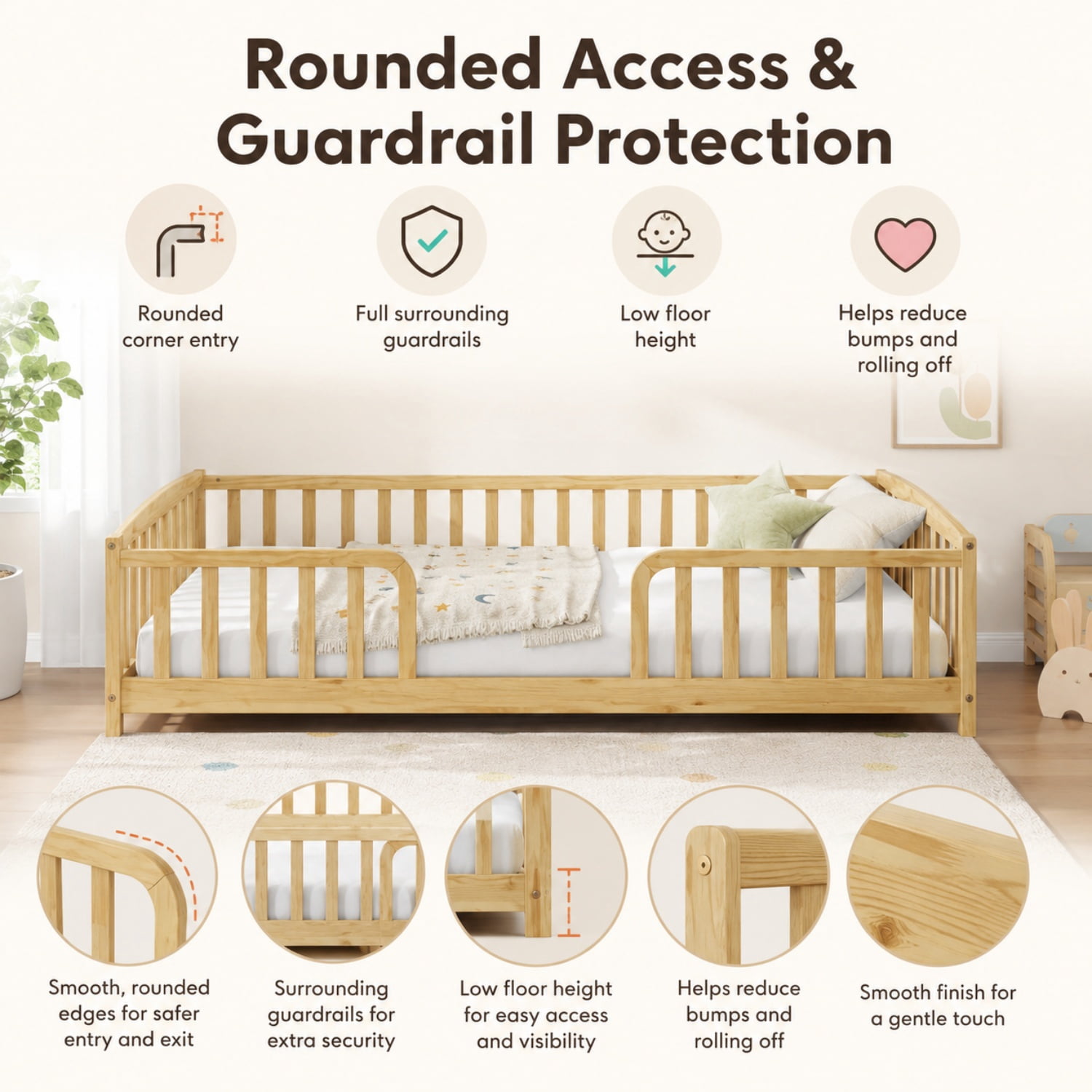 Miniyam Twin Kids Floor Bed with Guardrails, Pine Wood Montessori Bed Frame with Rounded Opening, Natural