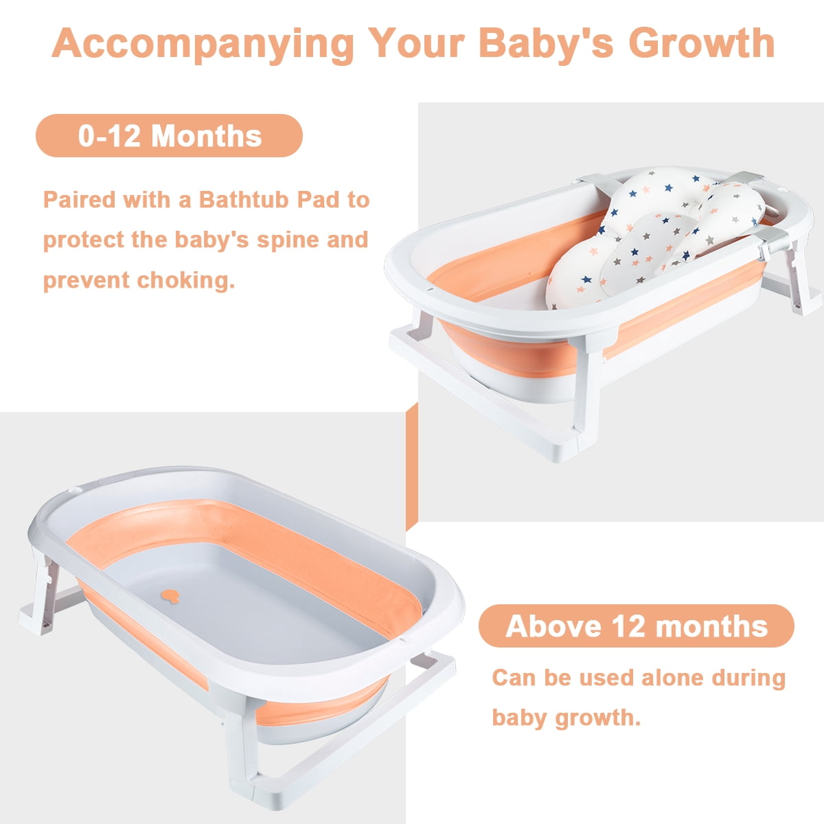 ANJORALA Foldable Baby Bath Tub with Toys, Portable Newborn Infant Bathtub, Pink+Floating Mat