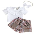 thumbnail image 1 of Newborn Girls Outfits  Short Sleeve Solid Color Ruffles Tops + Bowknot Plaid Short Pants + Decorative Hairband Sets, 1 of 6