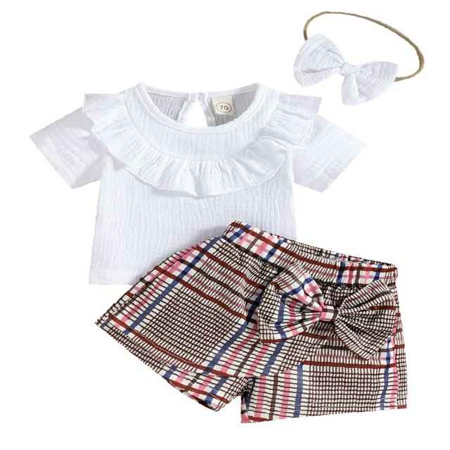 Newborn Girls Outfits Short Sleeve Solid Color Ruffles Tops + Bowknot Plaid Short Pants + Decorative Hairband Sets