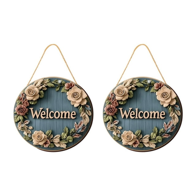 Luzkey 2Pcs Floral Welcome Signs 2D Front Door Door Hanger Signs Wall Signs 7.87inch Entryway Office Wood Plaque for Classroom Window Blue