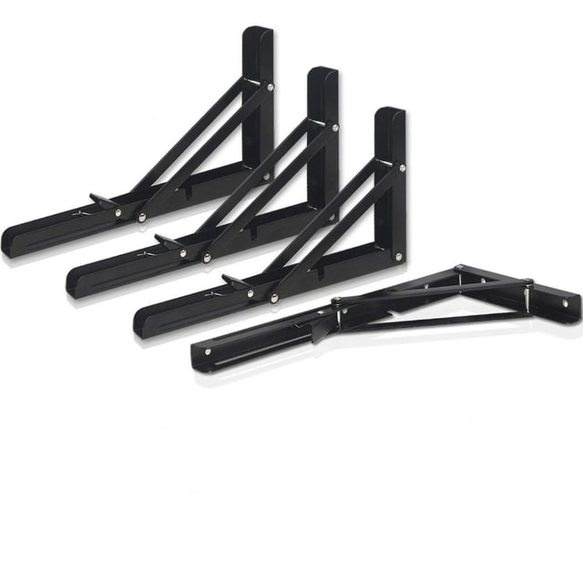 Folding Shelf Brackets - Heavy Duty Metal Collapsible Shelf Bracket for Bench Table, Shelf Hinge Wall Mounted Space Saving DIY Bracket, Max Load: 150 lb (16 Inch 4 PCS, Black)