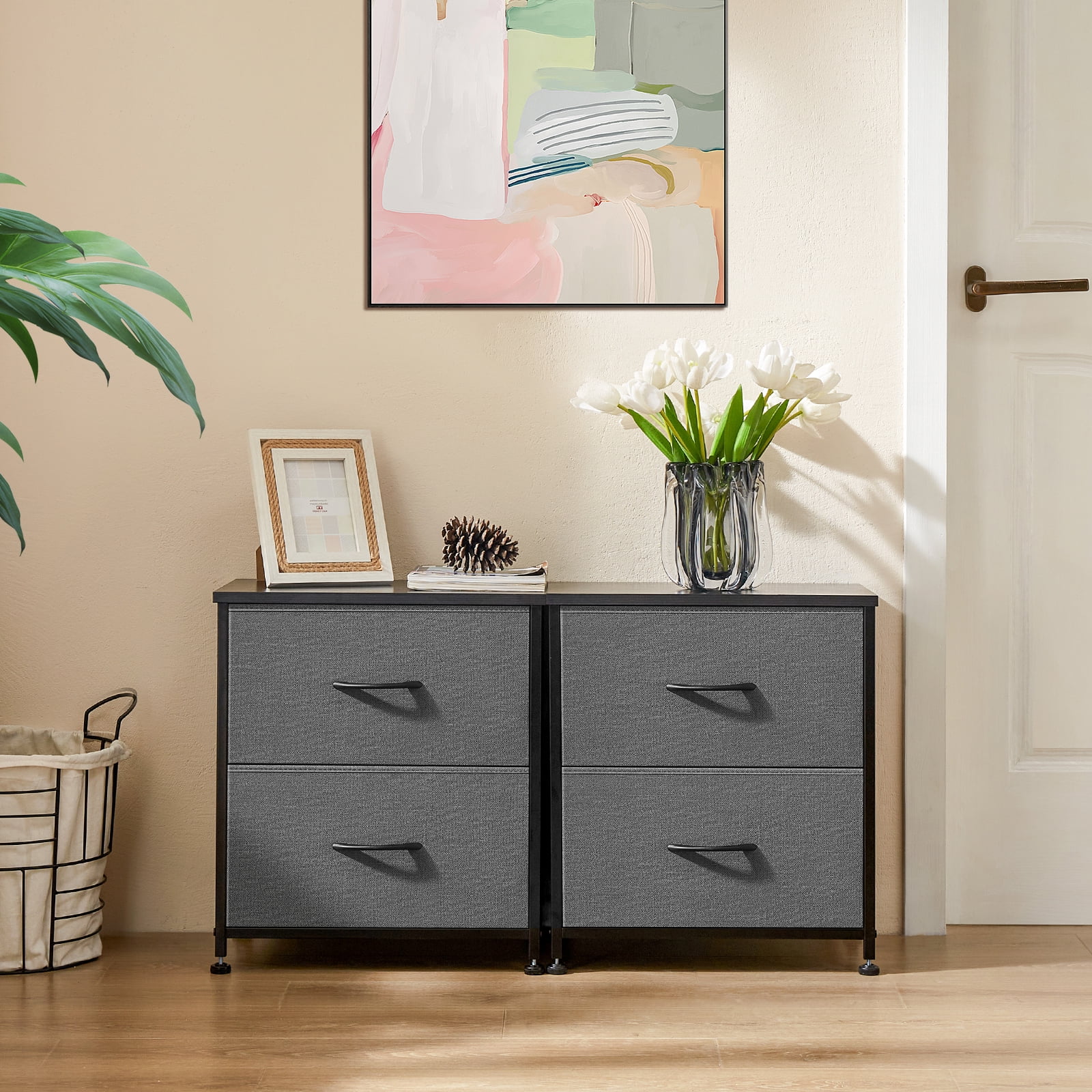 JIOABL Fabric Dresser with 2 Drawers, Nightstands with Adjustable Feet, End Table for Bedroom, Living Room, Grey