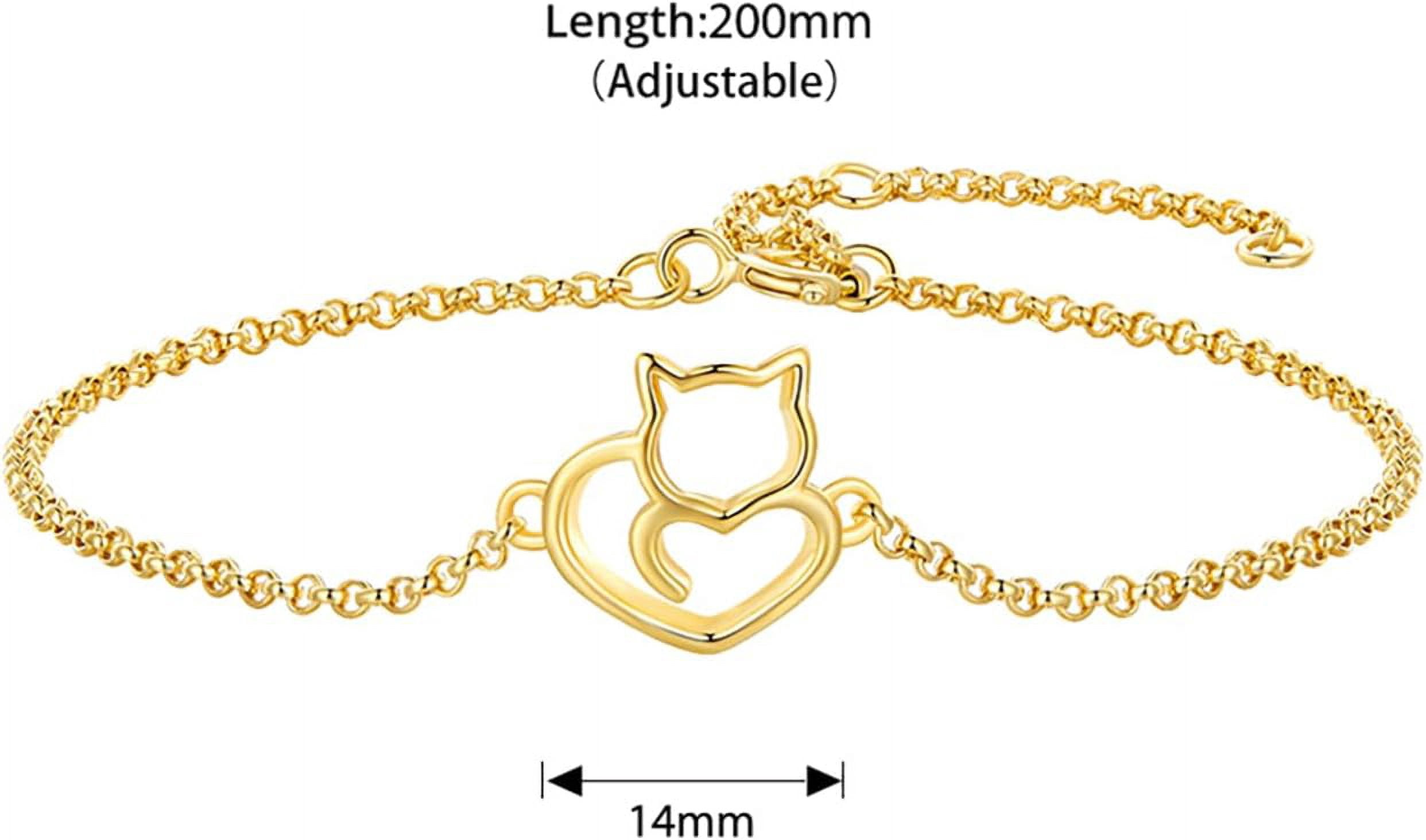 925 Sterling Silver Chain Bracelet with Cat Love Heart Charm Adjustable Plated Gold Bracelets with Chain Length 6.5in-7.9in, Best Jewelry Gift for Girls Women Cat Lovers