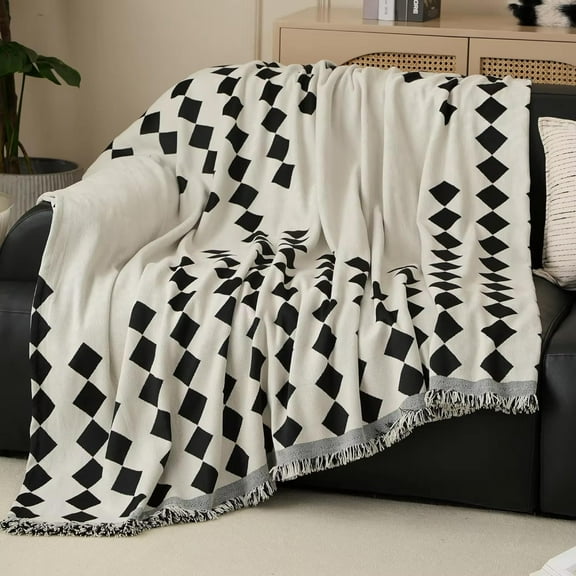 Fennco Styles Diamond Fringe Chenille Reversible Throw Blanket 50" W x 72" L - Black and White Geometric Woven Soft Blanket for Bed, Couch, Sofa, Home, Office and Holidays Décor