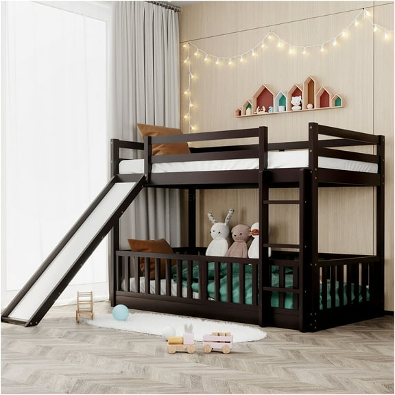 JERFIT Twin over Twin Bunk Bed with Slide, 3-Configurations, Solid Wood Frame, Space-Saving, for Dorms & Guest Rooms, Espresso