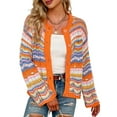 thumbnail image 3 of Women'S Multicolored Striped Crochet Knit Cardigan Crew Neck Flared Sleeve Button Y2K Sweater Coat Orange XL, 3 of 9