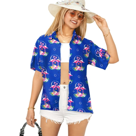 LA LEELA Women's Button Down Blouses Casual Summer Beach Party Short Sleeve Tropical Vacation Blouse Shirt TShirts Dress Shirts Blouses for Women L Flamingo Love, Blue