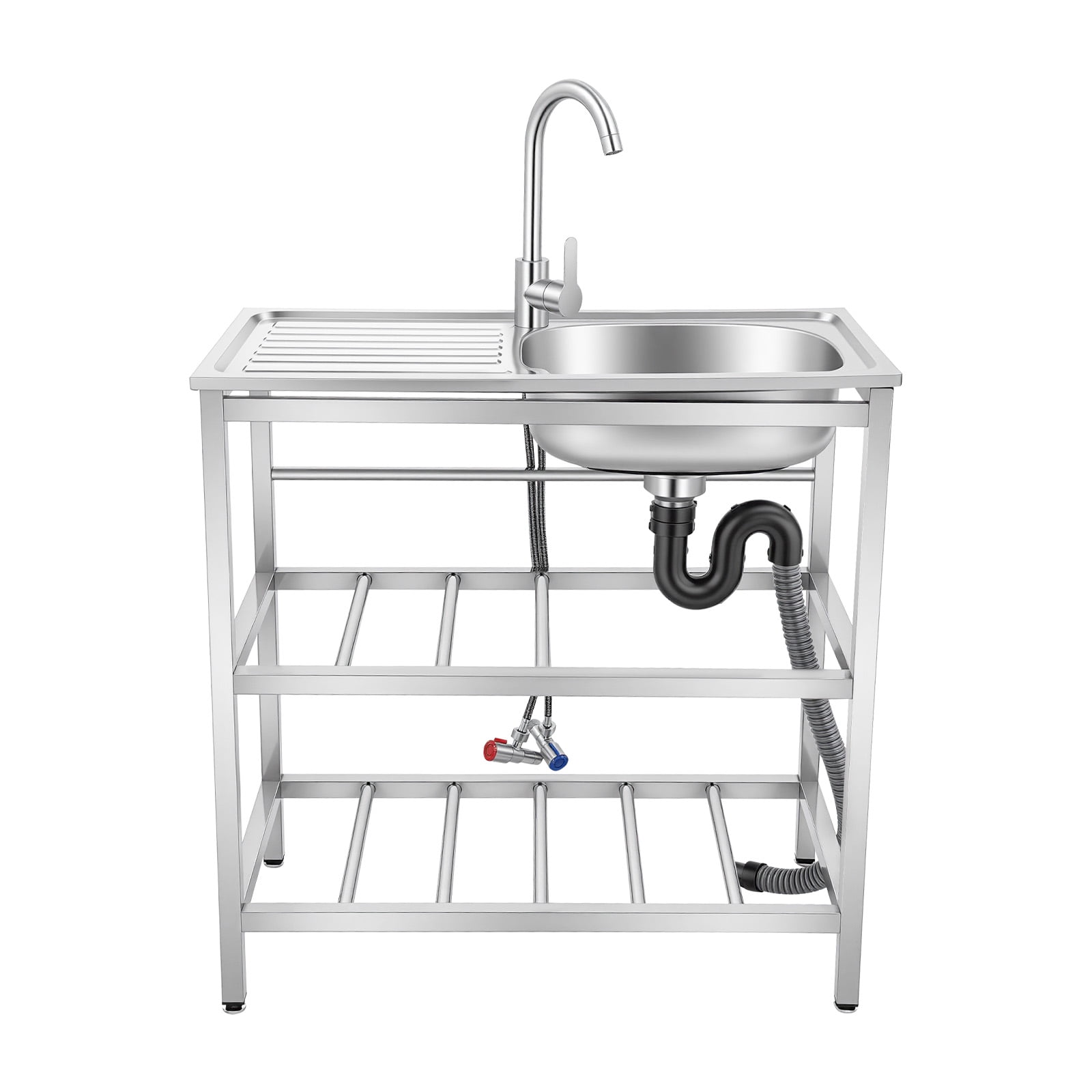 ChicHomey Freestanding Outdoor Kitchen Utility Sink, Stainless Steel Sink with Faucet,with Cleaning Table&Storage Shelves, for Backyard Garden Kitchen