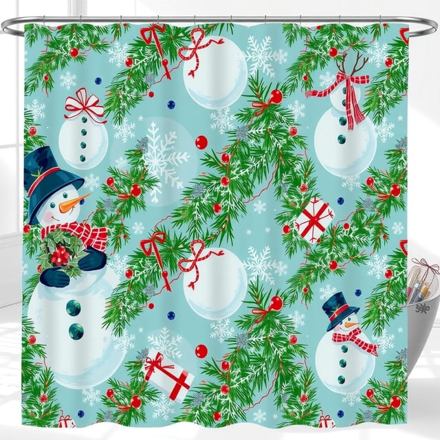 Rideau de Douche Festif de Noël - Bleu Clair avec Flocons de Neige, Bonhommes de Neige, Branches et Baies Rouges - Décoration de Vacances Fantaisiste