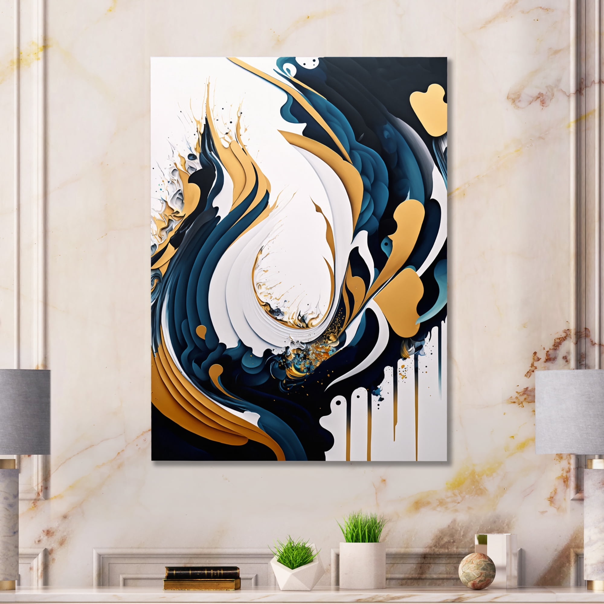 Designart Blue And Gold Modern Art Abstract Painting V Canvas Wall Art