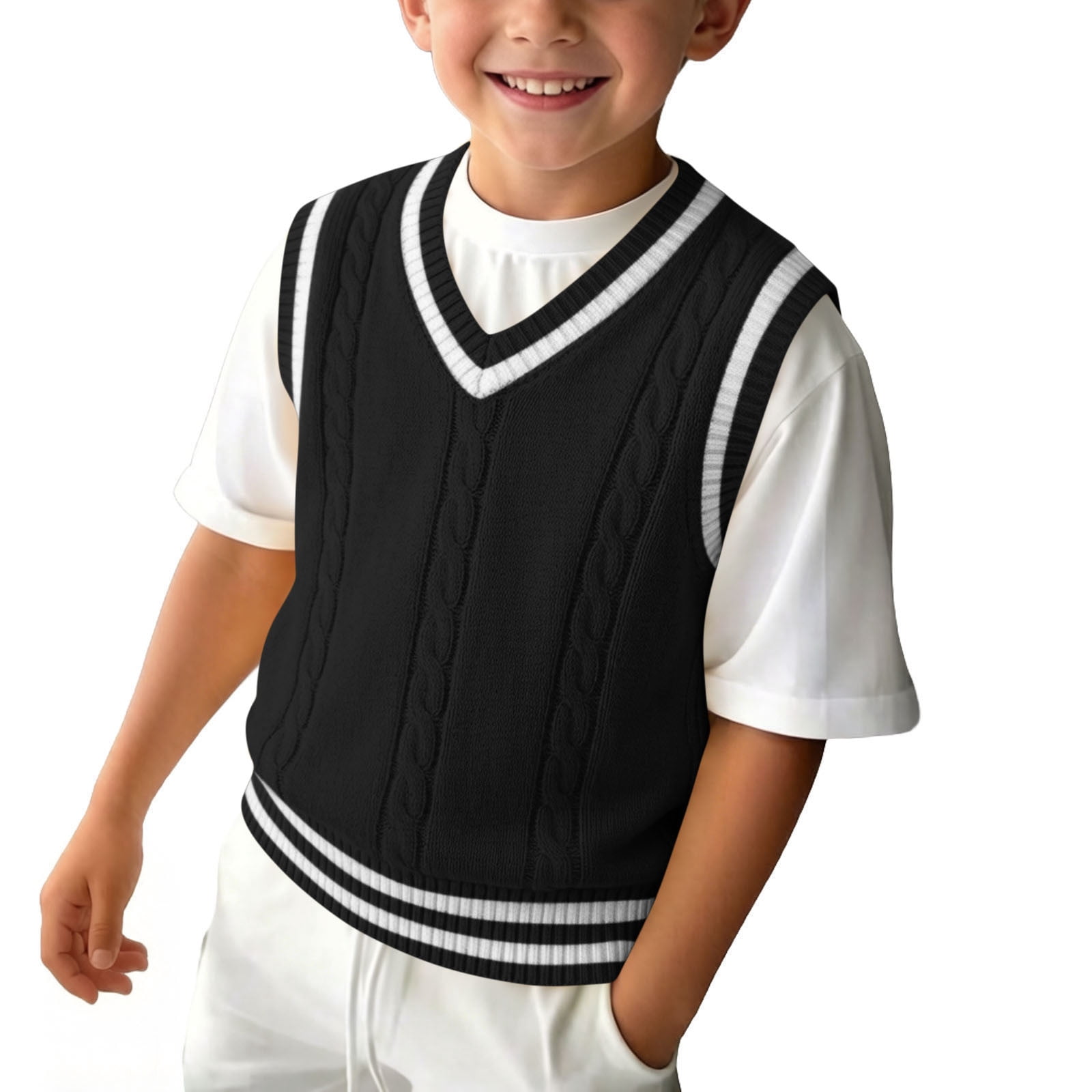 Kids V-Neck Knitted Vest, Solid Color Sweater Waistcoat, Warm