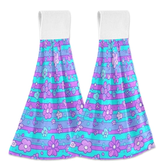 Haosy 2 Pack Kitchen Wash Cloths with Hanging Loops Absorbent Absorbent Quick Drying Hand Towels, Blue Pink Stripes with Flowers